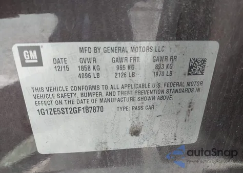 2016 Chevrolet Malibu 1Lt из США, поврежденный, VIN 1G1ZE5ST2GF187870